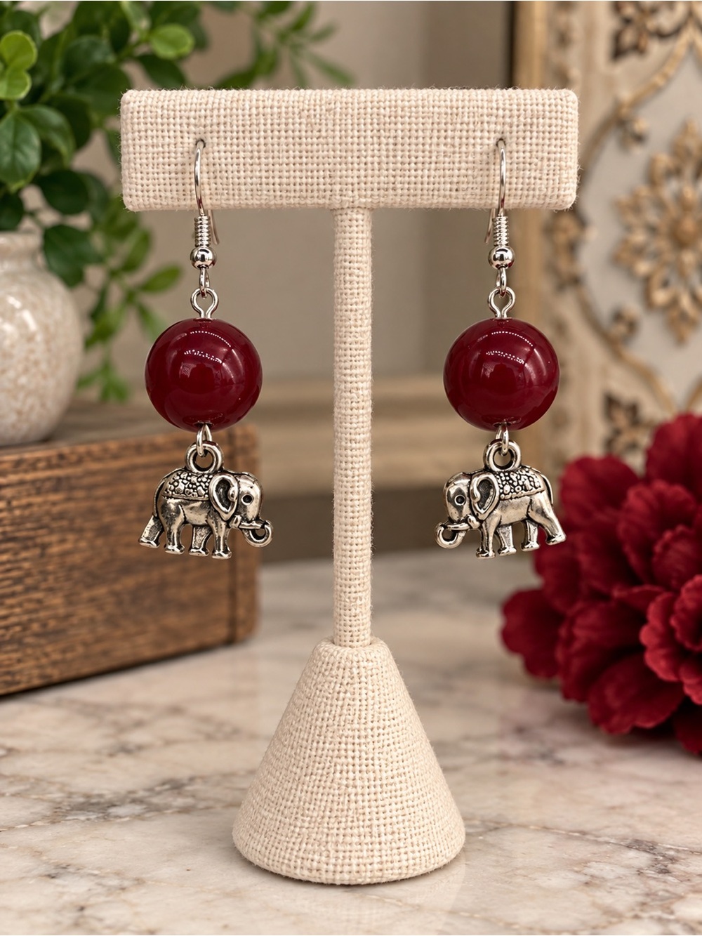 Red Beaded Elephant Charm Dangle Earrings Silver Tone Boho Jewelry Handcrafted